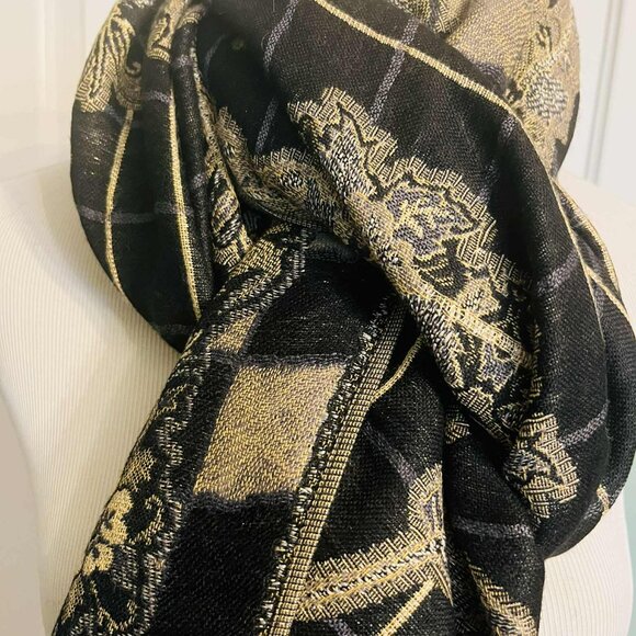 Vintage Pashmina Viscose Shawl 1990s, Black & Gold Floral Jacquard, Large - Picture 6 of 15
